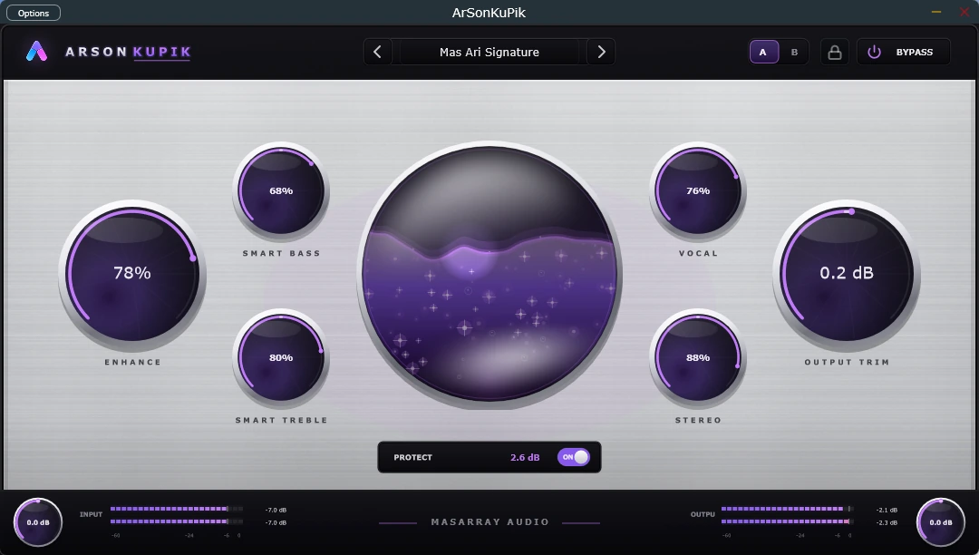 ArSonKuPik interface showing the Mas Ari Signature engine, professional preset selector and six musical controls